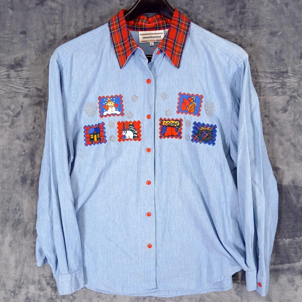Vintage Westbound Shirt Womens XL Christmas Holiday Embroidered Chambray 90s